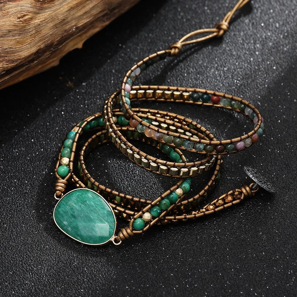 Genuine Leather Natural Stone Gemstone Crystal Bead Bracelet Vinage Style Green Stone Handwoven 5 Wrap Bracelet Jewelry